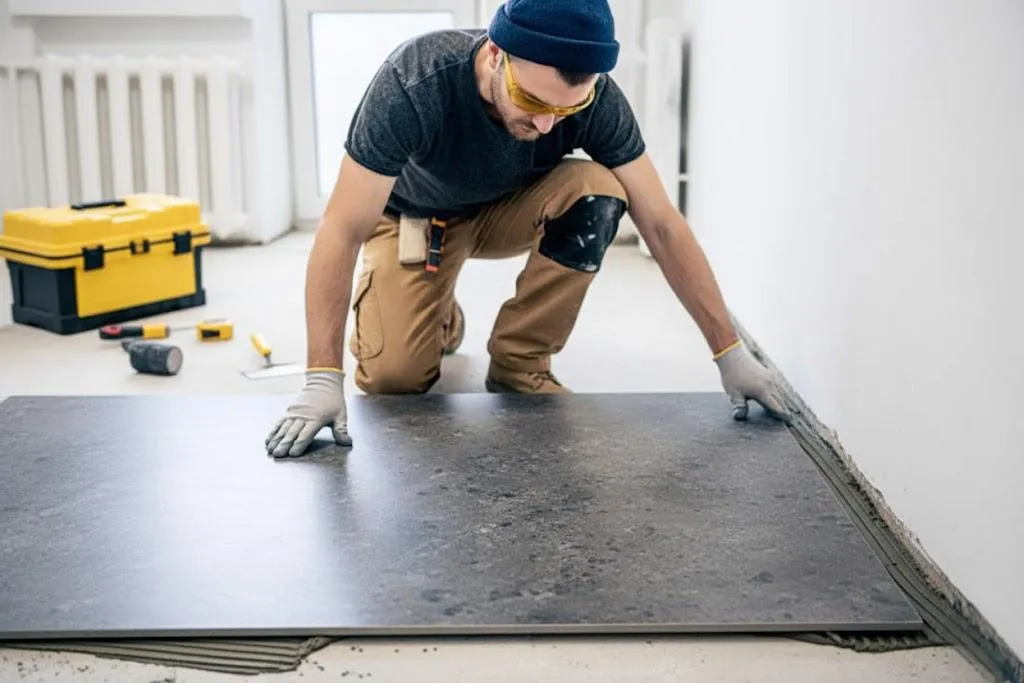 A skilled installer in protective gear carefully places a large, dark grey speckled porcelain rock slab onto a bed of adhesive during a commercial flooring project, demonstrating professional rock slab installation.