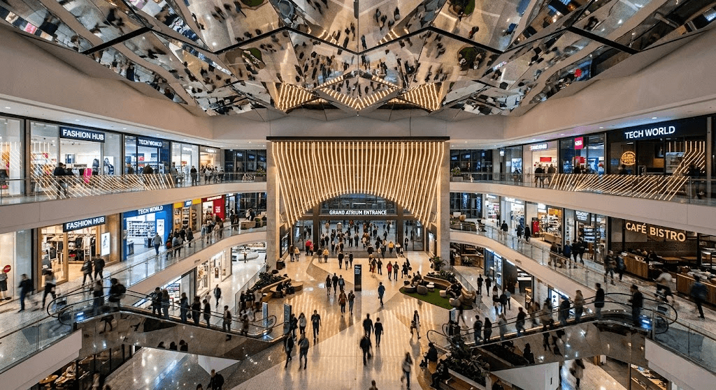 complex geometric ceiling mall design